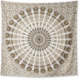 FURNISHFUL FINESSE Mandala Wandteppich Golden Wandbehang Wandteppiche Boho Pfau Wandtuch für Dekor Zuhause und Wohnzimmer– 76 x 102 cm