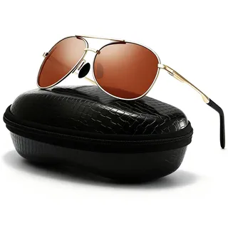 DXRPO Sonnenbrille Herren Polarisiert, Herren Unisex Polarisierte Outdoor Vintage Metall Rahmen Fliegerbrille UV400(Braun Gold)