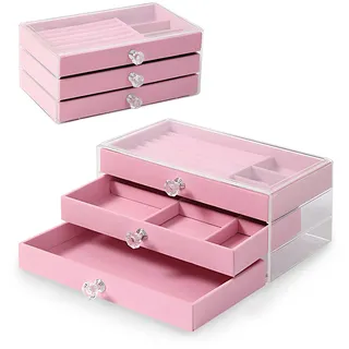 KDXYSL Klarer Acryl Schmuckkasten, 3 Schubladen Transparent Verstellbarer Samt Schmuckaufbewahrung Organizer für Ohrringe Ringe Halsketten Armbänder Schmuck Display, Rosa