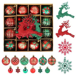 40Pcs Weihnachtsbaumkugeln Rot Grün Glitter Weihnachtskugeln Schneeflocken Weihnachtsbaumschmuck Splitterfrei Weihnachtsbaumschmuck für Weihnachtsbäume Girlanden Home Decor
