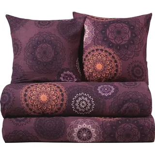 Erwin Müller Bettwäsche Sparpaket 4-TLG. Mako-Satin Mandala aubergine Größe 80x80 cm / 135x220 cm - feinfädig, temperaturausgleichend, atmungsaktiv, 100% Baumwolle, mit Reißverschluss