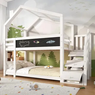 Merax Kinderbett Hausbett 90x200cm, Hochbett Stockbett für 2 Kinder, Baumhaus Etagenbett mit Rausfallschutz und 2 Lattenrost, Treppe mit 3 Schubladen, Spielbett mit Tafel und Dach, Jugendbett, Weiß