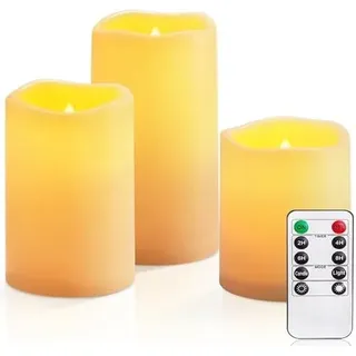 AMAGIC Outdoor Flammenlose Kerzen, Wasserdichte Batteriebetriebene LED Stumpenkerzen mit Fernbedienung und Timer, Long Lasting, 3er-Set