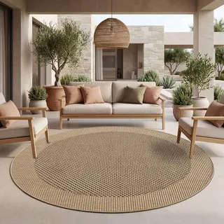 TT Home Teppich Für In- & Outdoor Balkon Küchenteppich Unifarben Sisal Design Bordüre Größe 120 cm Rund - Beige