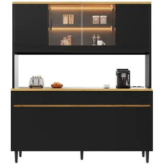 Merax LED Buffetschrank 160x40x185 cm, Esszimmer-Hochschrank Schwarz-Eiche mit Steckdose, USB-A & USB-C, Stauraum, Kaffee- und Getränkestation