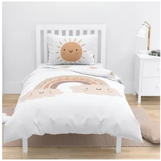 MTOnlinehandel Babybettwäsche Little Sunrise Biber/ Flanell in 100x135 + 40x60 cm, Boho, 100% Baumwolle, 2 teilig, Winterbettwäsche kuschelig und weich, Regenbögen und Sonne, weiß weiß
