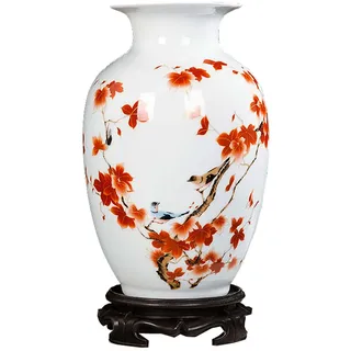 ZEALMAX Keramikvase im chinesischen Stil, dekorative Blumenvase für Tisch, Regal, Wohnzimmer, Heimdekoration, Vögel und Blumen, Weiß