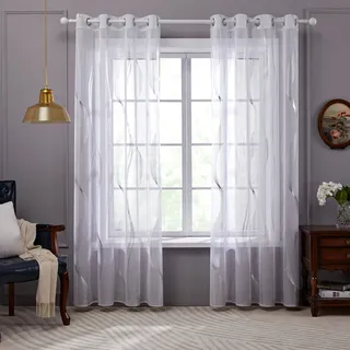 Deconovo Gardinen Weiß Vorhang Transparent Leinenoptik Ösenvorhang Voile Ösenschal Wohnzimmer, 290x140, Kurve Welle