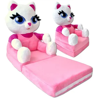 nana shop Kindersessel, Mini-Sessel, Kinderstuhl, Kindersofa Aufklappen 2 in 1, Kuschelsessel, Ausklappbar Kinder Sofa für Kinderzimmer (Rosa Katze)