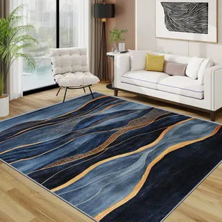 TerroVee Abstrakt Teppich Schlafzimmer, Modern Luxus Wellen Teppich 120x170 cm, Blau Gold Minimalistisch Waschbar Kurzflor Antirutsch Teppiche Für Wohnzimmer Schlafzimmer, Blau Gold