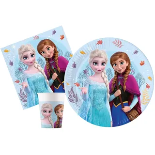 Partygeschirr Party-Set Disney Frozen Idyllic Wonder für 24 Personen (88 pcs: 24 Pappteller Ø23cm, 24 Becher 200ml, 40 Servietten 33x33cm) aus eco-friendly kompostierbarem FSC Papier