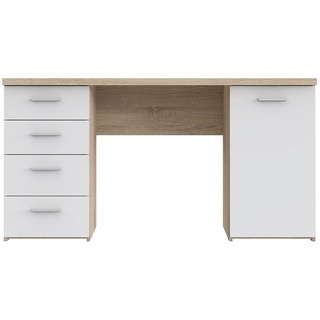 FORTE Net 106 Schreibtisch mit 4 Schubladen und 1 Tür, Holzwerkstoff, Sonoma Eiche + Weiß, 145 x 60 x 76.3 cm