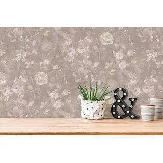 A.S. Création Vliestapete Natural Living Blumentapete, leicht strukturiert, matt, gemustert, neutral, (1 St), Blumentapete Vlies Vlies Wand Tapeten Wohnzimmer Schlafzimmer Küche braun|bunt|gelb|grau|orange