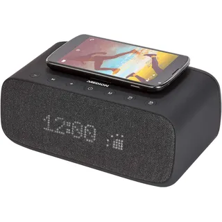 MEDION P66107 Radiowecker mit USB-Ladegerät (Uhrenradio, Weckstation, Bluetooth, kabelloses wireless Laden, LED-Display dimmbar, UKW Radio, Micro-SD Kartenleser, Schlummerfunktion, Einschlafautomatik)