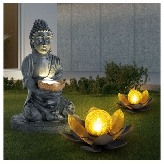 etc-shop Gartenleuchte, Leuchtmittel inklusive, Warmweiß, 3er Set LED Solar Lotusblüten Feng Shui Buddha Garten Deko Lampen grau