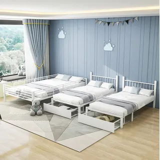 Bett Dreier-etagenbett Modern 140x200/90x200 Cm Metall Weiss Mit 2 Schubladen, Teilbar In 3 Betten, Sicherheitsgelaender