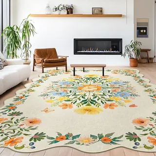 GthreeD Waschbarer Boho Teppich 200x300 cm - Großer Kurzflor Wohnzimmer Teppich - Orientalischer Vintage Design, Weich, rutschfest für Schlafzimmer, Esszimmer, Küchen,Gewellter Rand Blumen-Beige