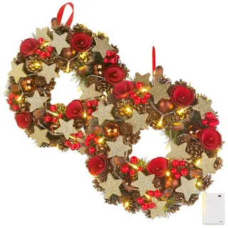 Britesta außen-Deko Weihnachten: 2 Weihnachtskränze, 20 warmweiße LEDs, Timer, batteriebetrieben, 28 cm (Türkranz Weihnachten LED-Timer, Weihnachtentürdeko, Lichterkette)