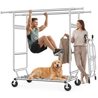 HOKEEPER Profi Doppelter Kleiderständer, bis 272 kg belastbar, Schwerlast Kleiderstange auf rollen, Industrie-Design, Garderobenständer - Silber