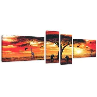 Visario Leinwandbild Afrika Motiv 145x30 cm 6701 Panorama Wandbild auf Leinwand mit echtem Holzrahmen fertig aufgespannt moderne Wanddekoration Savanne Sonnenuntergang Elefant Natur Deko Wohnzimmer