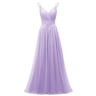 Chiffon-Tüll-Perlen-Träger, Brautjungfernkleid, schulterfrei, V-Ausschnitt, plissiert, formelles Abendkleid für Damen, Flieder, 38 - 38