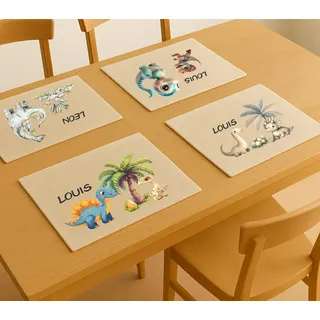 Tischset Kinder personalisiert mit Dinosaurier-Motiven | Platzdeckchen mit Namen | | Kinder Tischset | Frühstücksdeckchen Schule | Tischunterlage Dino Jungen