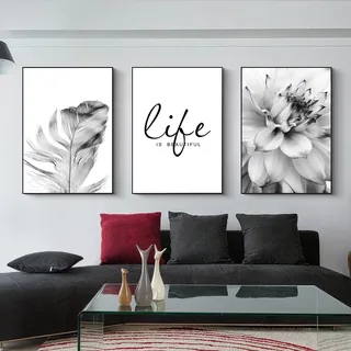 Trayosin 3-teiliges Premium Poster Set Aesthetic Blume Schwarz Weiß Feder Löwenzahn Bilder Moderne Wandbilder, Wohnzimmer Schlafzimmer Wanddeko Art ohne Rahmen (A,21x30cm)