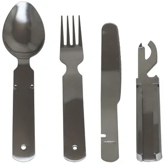 4-tlg. Edelstahl-Camping-Besteck-Set: Gabel, Löffel, Messer und Öffner