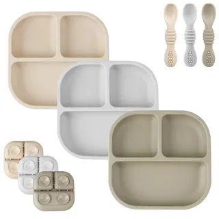 PandaEar 3 Stück Rutschfest Baby teller mit Saugnäpf und 3 Löffel, Unterteilt Kinderteller Set, Silikonteller Baby Saugnapf, Geteilte Esslernteller, BPA-frei