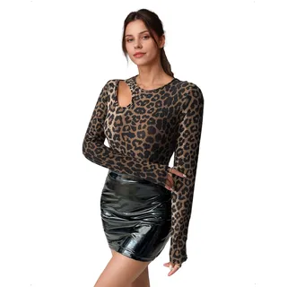 EMOTTOS Damen Y2K Tops, Sexy Leoparden Cut-Out Langarm Oberteile Slim Fit, Long Sleeve Rundhalsausschnitt Enge Wickeloberteil Elastisches Langarmshirts T-Shirt Party Festival Shirt, Braun, S-L - L