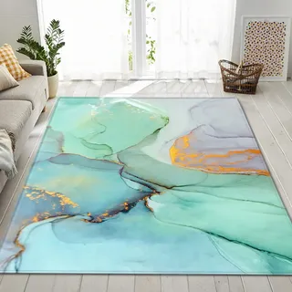 Wohnzimmer Großer Teppich Nordischer Geometrischer Marmor Farbverlauf Blau Gold Lila Grau Moderne Abstrakte Marble Bodenmatte Abdeckung für Schlafzimmer Nachttisch Rutschfest (Bunt 4,160x200 cm)