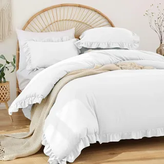 Covebett Rüschen Bettwäsche 135x200 Weiß Uni Romantische Rüschenbettwäsche Set Bettbezug Weiss Einfarbig Weich Renforce Mikrofaser Einzelbett Deckenbezug mit Kissenbezug 80x80cm Reißverschluss