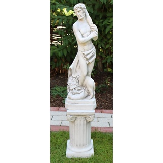 Deko Garten Figur Statue Herkules mit Keule und Löwe auf ionischer Säule als Satz Skulptur aus Beton Gesamthöhe 97 cm