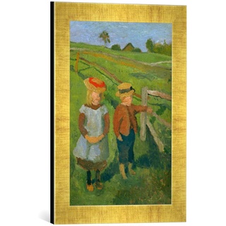 Gerahmtes Bild von Paula Modersohn-Becker Zwei Kinder in der Sonne am Wiesenzaun stehend, Kunstdruck im hochwertigen handgefertigten Bilder-Rahmen, 30x40 cm, Gold Raya