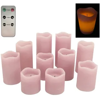 Online-Fuchs LED-Kerze 10er Set LED Stumpenkerzen aus Echtwachs mit Fernbedienung und Timer (OHNE Flamme, Zartrosa), 5 verschiedene Höhen von 8 bis 16 cm groß rosa