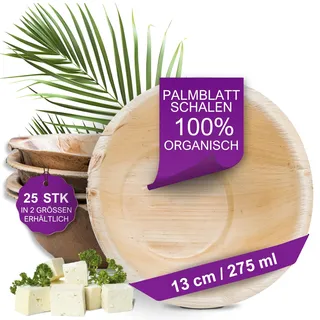 Waipur Bio Palmblatt Schalen - 25 Einwegschalen Ø 13 cm / 275 ml - Premium Einweggeschirr kompostierbar - Suppenteller wie Bambus Einweg Schüsseln