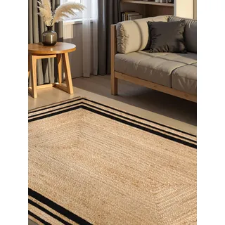 Hanse Home Looma - Jute Teppich, Natürlich & Handgemacht, Naturteppich Robust mit Bordüre, Boho Look Wohnzimmerteppich für Wohnzimmer, Schlafzimmer, Esszimmer, Flur - Natur Gold Schwarz, 200x300 cm