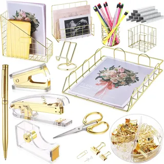 13-teiliges Schreibtisch-Organizer, Bürozubehör-Set, Magazin-Aktenordner, Briefsortierer, Stift, Becher, Notizhalter, Handyhalter, Heftklammern, Kugelschreiber, Schere für Zuhause (Gold)