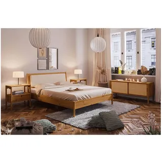 Lomadox Schlafzimmer-Set PORI-165, (Spar-Set, 4-tlg., Bettgestell Nachttische Lowboard), Bett 200x200, Polsterkopfteil, Wildeiche massiv geölt, Rattangeflecht braun