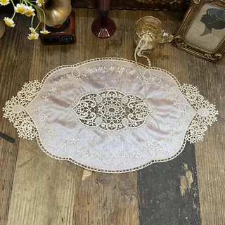 Mausouca Retro Französisch Ovale Deckchen, Elegante Samt-Tischsets Vasenmatten Stickerei Kommode Schal (Größe: 55 x 35 cm)(Rosa)