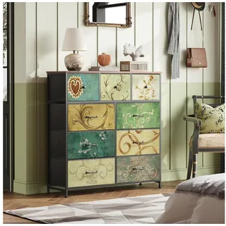 PXloue Kommode Sideboard Schubkastenkommode, 9 Schubladen, Retro-Stil, Blumenstoff, Breite 100cm schwarz 100 cm x 100 cm x 30 cm