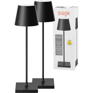 SIGOR 2 Stück Nuindie 2.0 - Dimmbare LED Akku-Tischlampe Indoor & Outdoor, IP54 spritzwassergeschützt, Höhe 38 cm, aufladbar mit USB-C, 12 h Leuchtdauer, nachtschwarz
