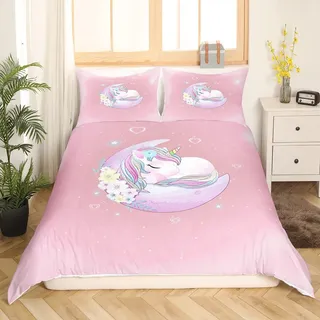 Mädchen Einhorn Bettwäsche Kinder 135x200 Teenager Tiere Bettwäsche Set Schöne Pferd Bettbezug Jugend Teens Mond Drucken Bettwäsche Rosa Blume Einhorn Bettwäscheset mit Reißverschluss Krawatten