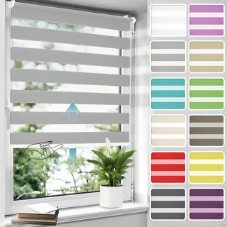 Allesin Doppelrollo schnurlos Klemmfix ohne Bohren Duo Rollos für Fenster, 105x140cm (Stoffbreite 105 cm) Grau, Drücken Und Ziehen Springrollos Klemmrollo Fenster, Rollo ohne Schnur