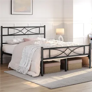 Yaheetech Metallbett Bettgestell 140 x 200 cm, Bettrahmen mit Flügelmuster Kopfteil, Schwarz - Schwarz