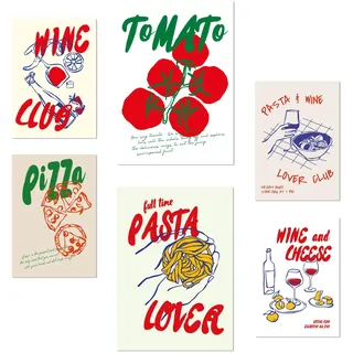 POSTER Set Mit 6 Von Lebensmitteln Im Pop Art Mit Tomaten Nudeln & Pizza A3 & A4 Rahmenlos