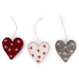 Én Gry & Sif Herzen im Scandi-Stil | handgemachte Deko-Herzen aus Filz, Weihnachtsdeko, Weihnachtsbaumschmuck, Winterdeko, zum Aufhängen | 3 Herzen mit Sternen Bestickt - rot, weiß, grau