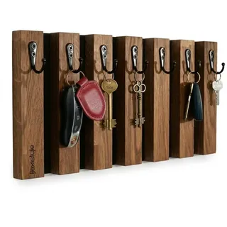 Lamellen Schlüsselbrett Garderobenleiste Holz, Eiche, Hakenleiste, Kleiderhaken, Wandhaken, Edelstahl, Wandgarderobe, Garderobenpaneel, für Flur, Kinderzimmer, Schlafzimmer (40cm 7 Haken Braun)