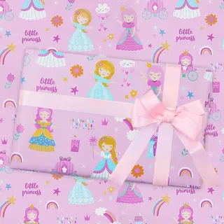 Kleine Prinzessin Geburtstags-Geschenkpapier für Mädchen Kinder Baby Kind, schöne rosa Prinzessin Schloss Thema Geschenkpapier für Geburtstag Babyparty mit rosa Schleife 4 Blätter flach gefaltet