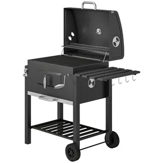 höhenverstellbares Kohlefach, Holzkohlegrill Smoker BBQ-Grill, 2 Grillroste, Warmhalterost, Schwarz | Edelstahl | 113x65x108 cm - Schwarz